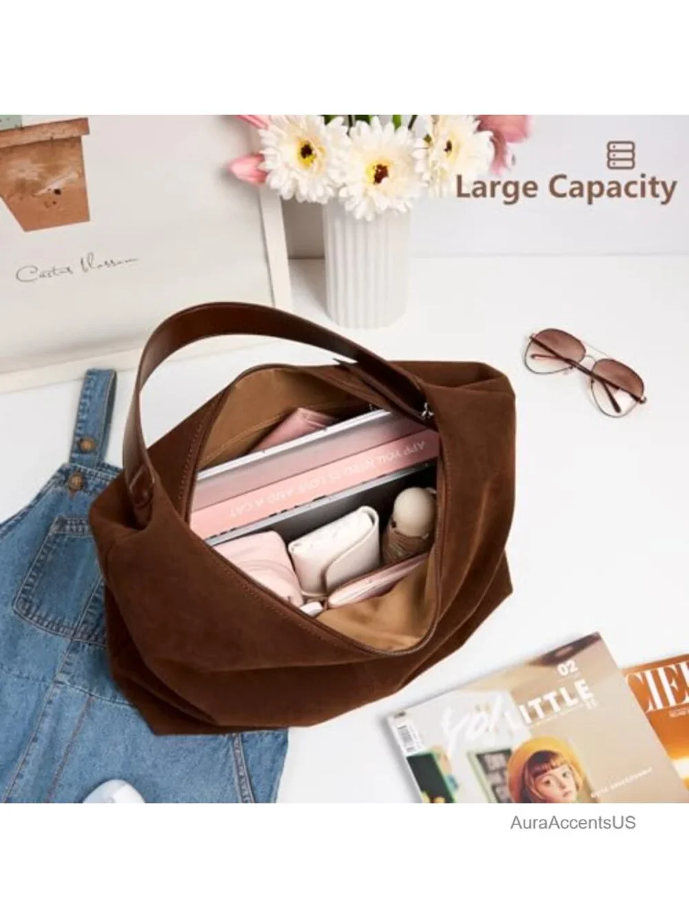 Slouchy Tote Bag 18L Casual Vegan Leather Crescent Hobo Zipper Bag
